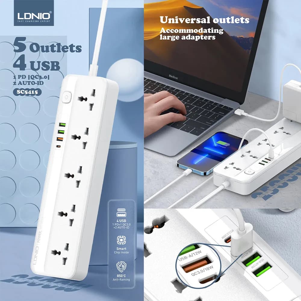 چند راهی برقی و شارژر الدینیو مدل LDNIO Power Strip SC5415 — تصویر ۴
