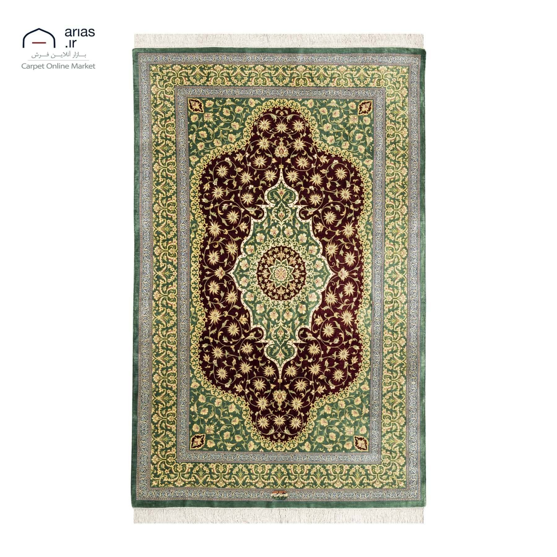 فرش دستباف ذرع نیم تمام ابریشم لچک ترنج زمینه مسی مارک عربلو بافت قم کد D03066G