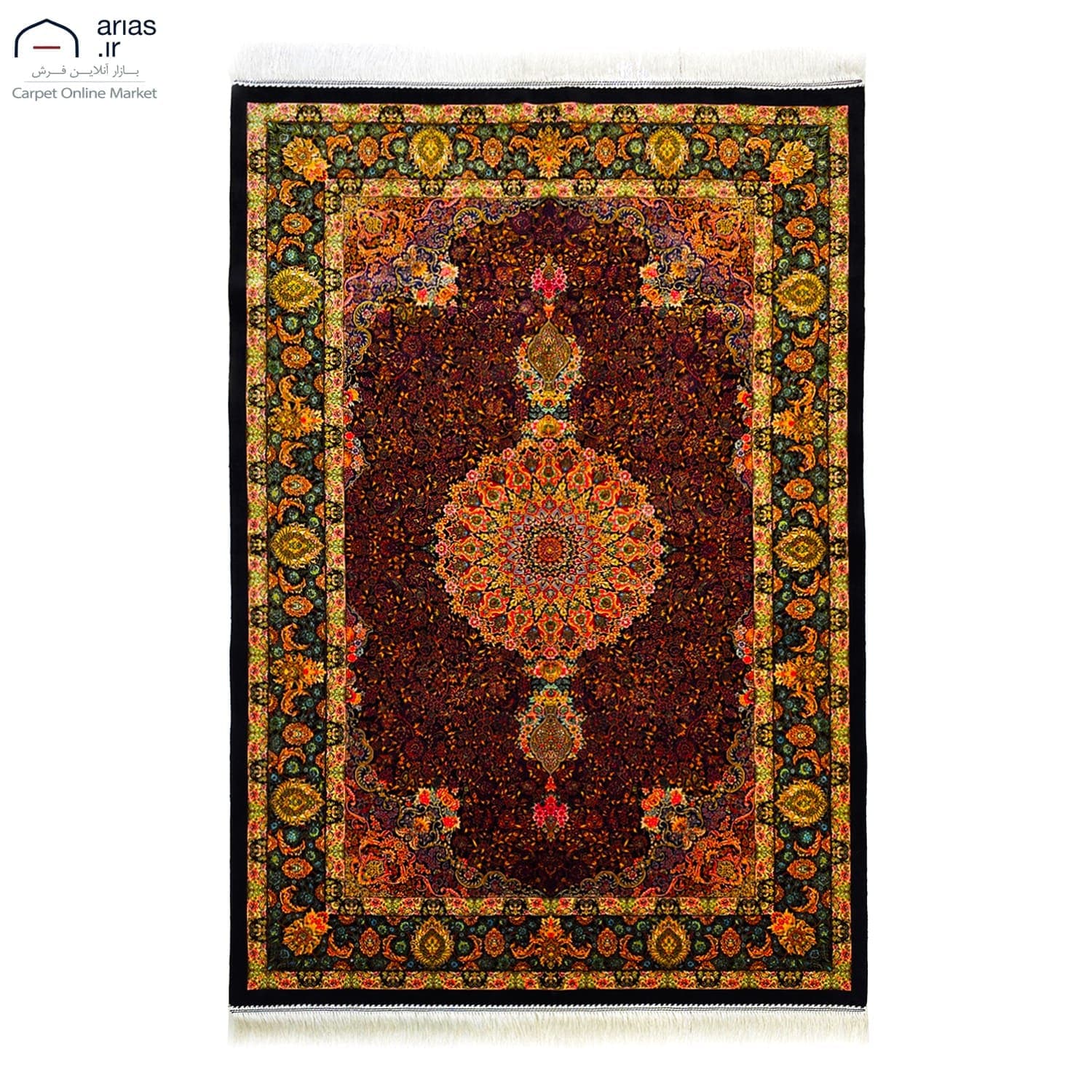 فرش ماشینی ابریشم مشابه 80 رج دستباف نقشه لچک ترنج زمینه لاکی کد M01171