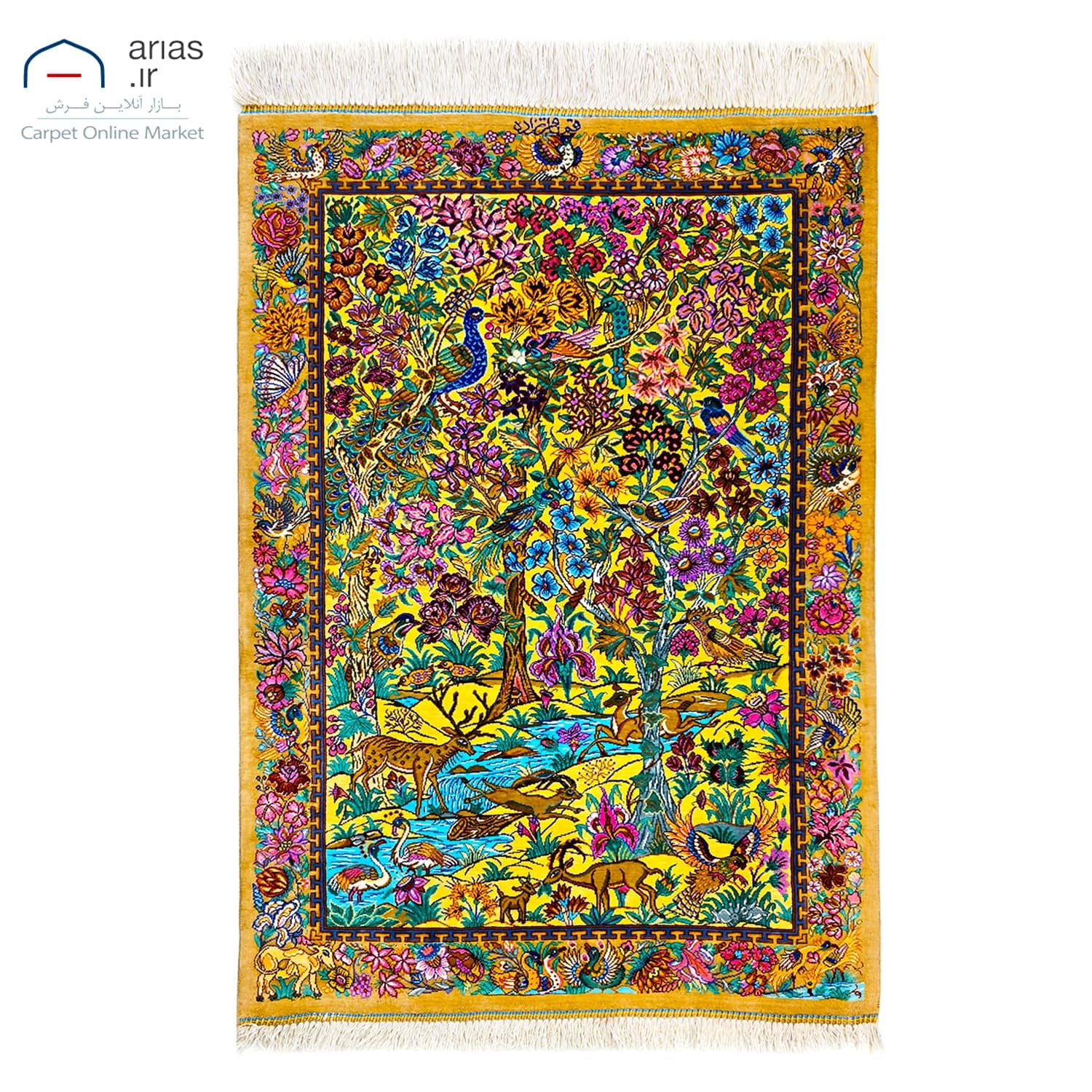 فرش دستباف 60در90 تمام ابریشم نقشه پرندگان زمینه کرم بافت قم کد D03042G