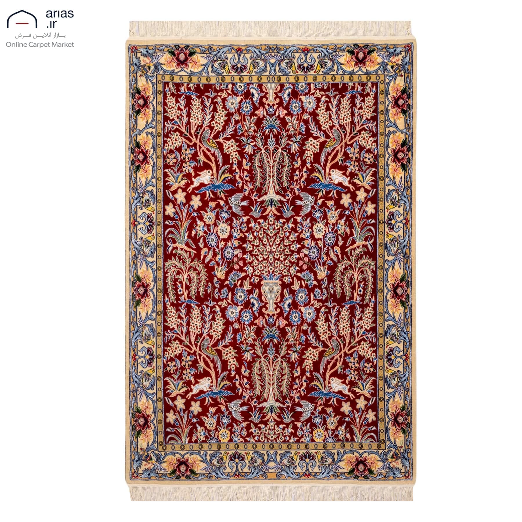 فرش دستباف هفت چارک زمینه لاکی چله نخ گل ابریشم بافت نایین کد D05110N