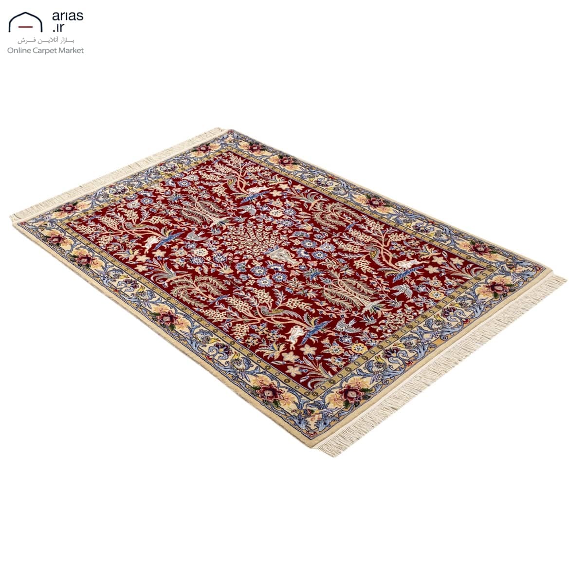 فرش دستباف هفت چارک زمینه لاکی چله نخ گل ابریشم بافت نایین کد D05110N — تصویر ۳