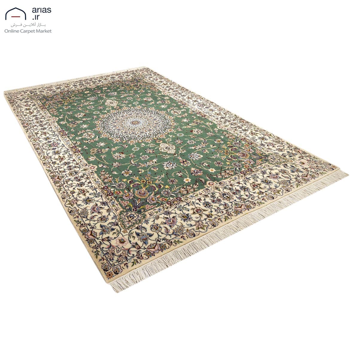 فرش دستباف شش متری زمینه سبز چله نخ گل ابریشم بافت نایین کد D05106N — تصویر ۳
