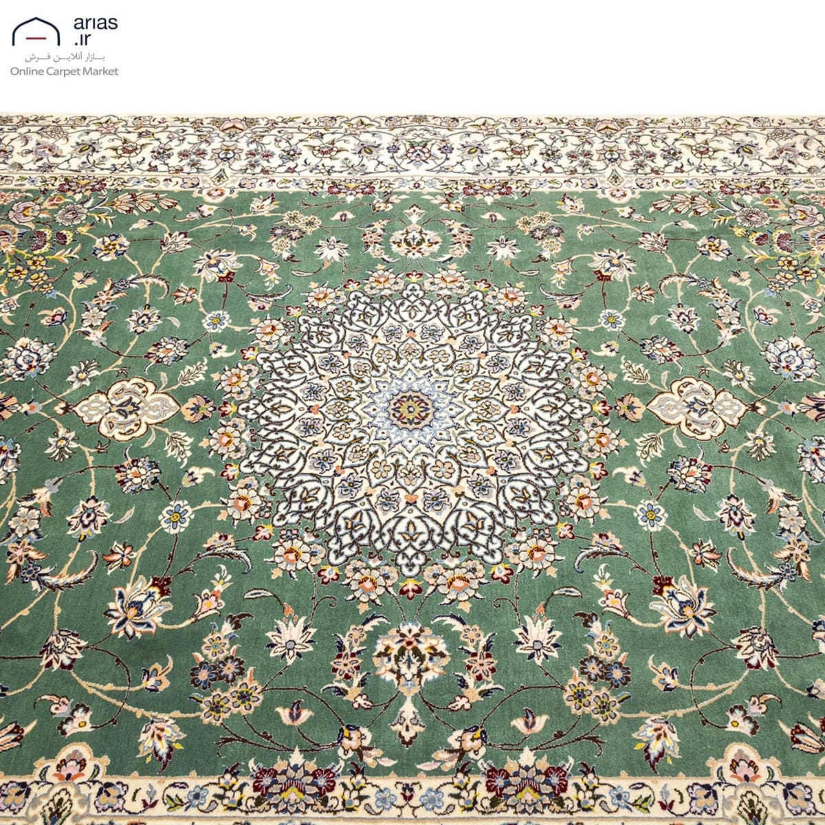 فرش دستباف شش متری زمینه سبز چله نخ گل ابریشم بافت نایین کد D05106N — تصویر ۵