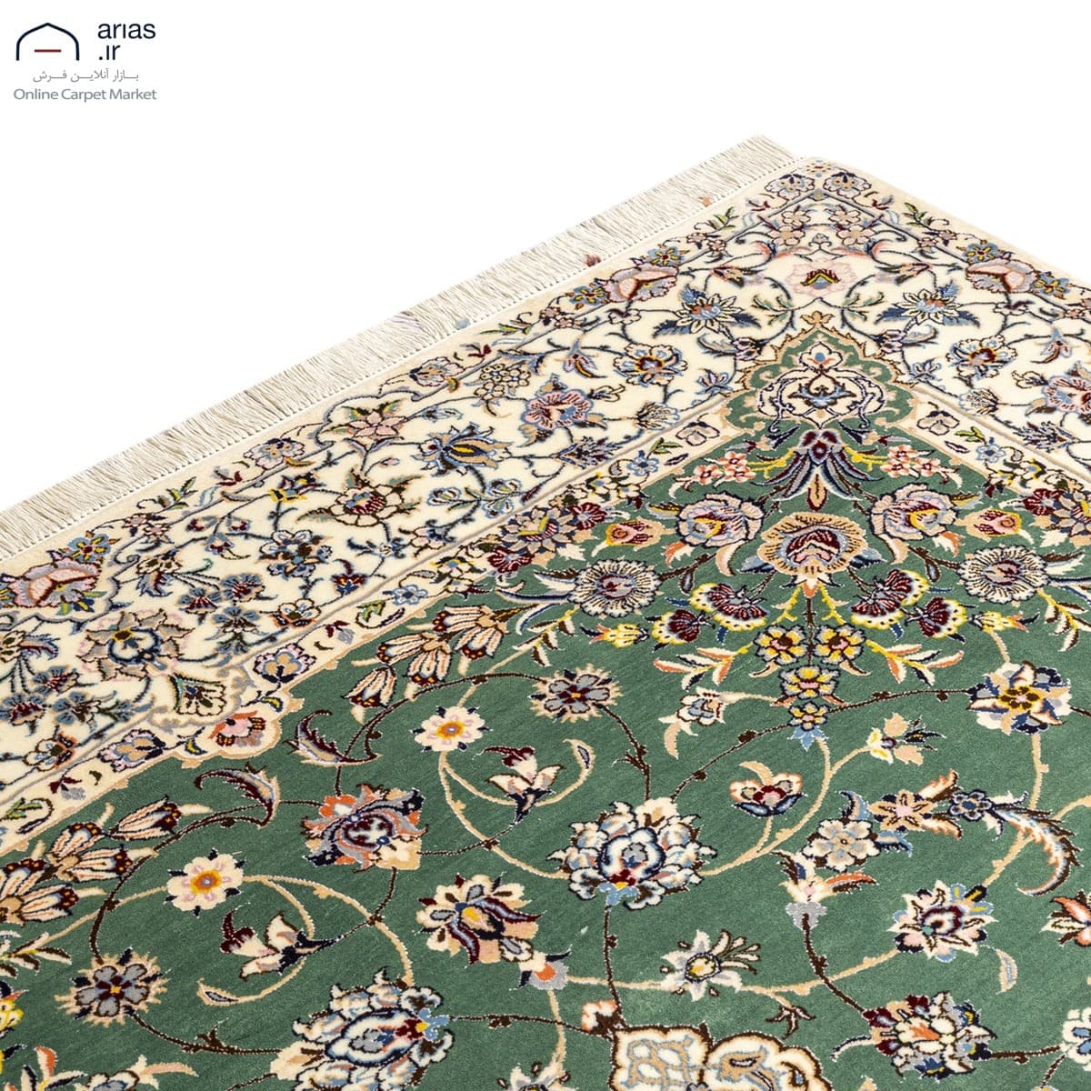 فرش دستباف شش متری زمینه سبز چله نخ گل ابریشم بافت نایین کد D05106N — تصویر ۶