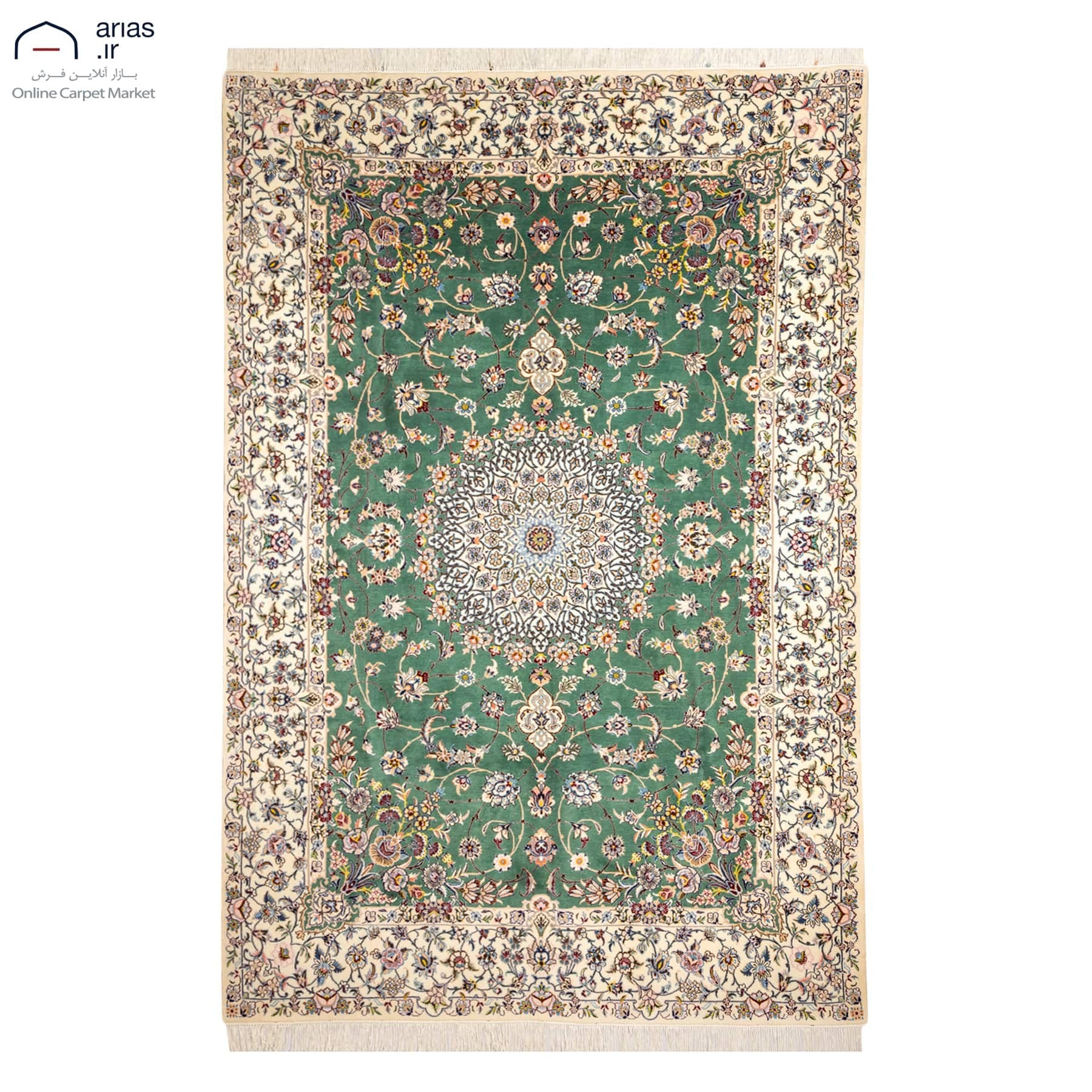 فرش دستباف شش متری زمینه سبز چله نخ گل ابریشم بافت نایین کد D05106N