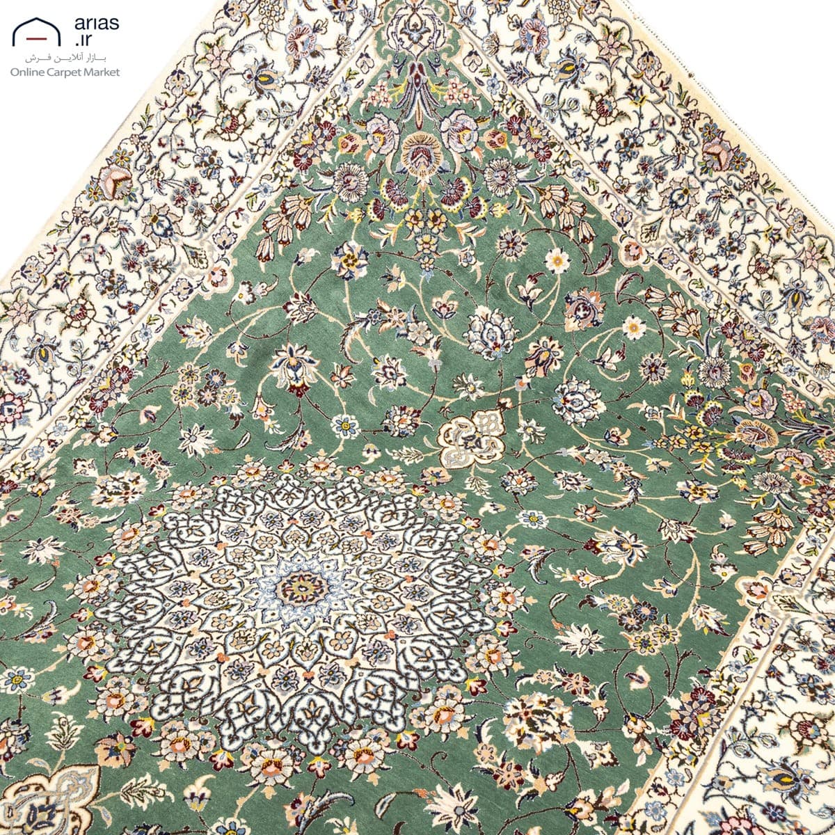 فرش دستباف شش متری زمینه سبز چله نخ گل ابریشم بافت نایین کد D05106N — تصویر ۸