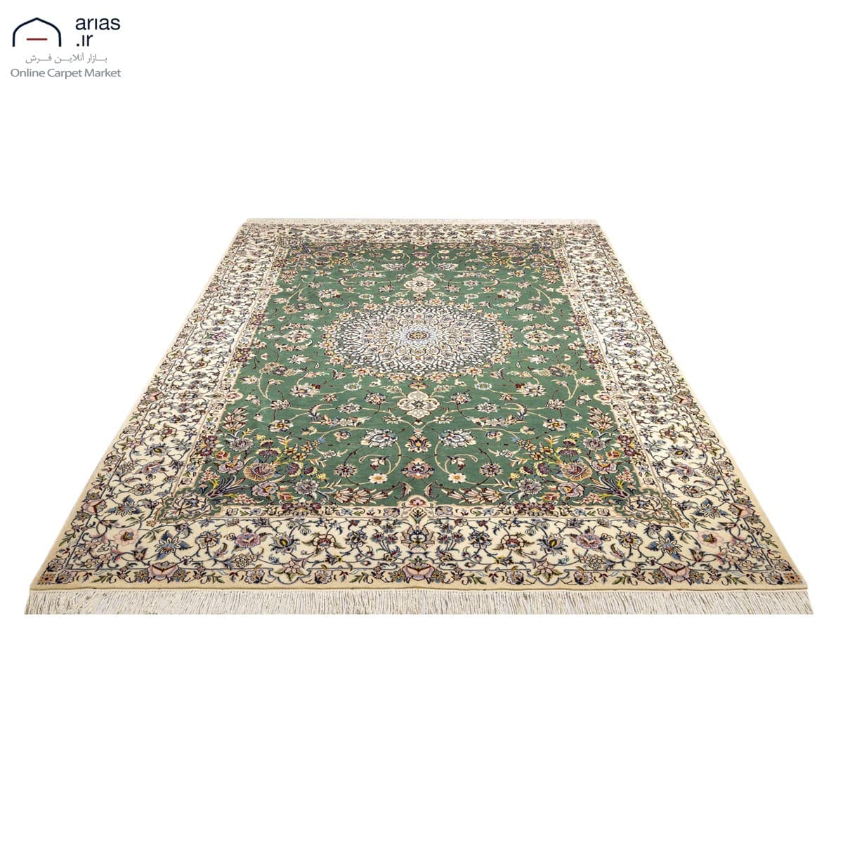 فرش دستباف شش متری زمینه سبز چله نخ گل ابریشم بافت نایین کد D05106N — تصویر ۲