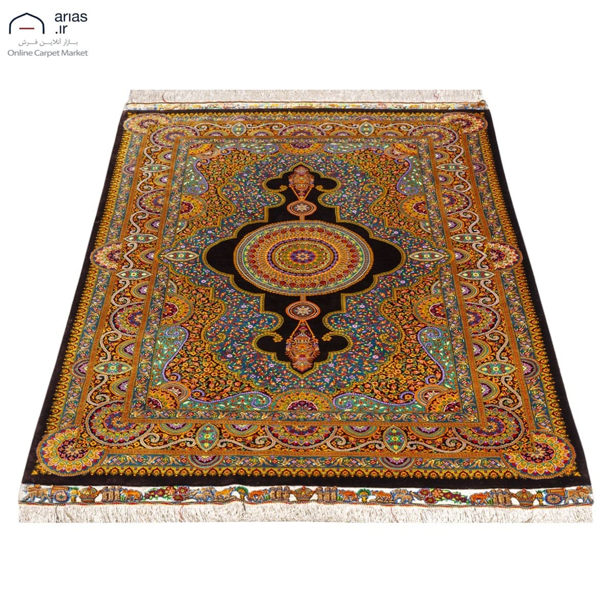 فرش دستباف ذرع و نیم تمام ابریشم کف ساده زمینه مشکی مارک عربلو بافت قم کد D03027G — تصویر ۲