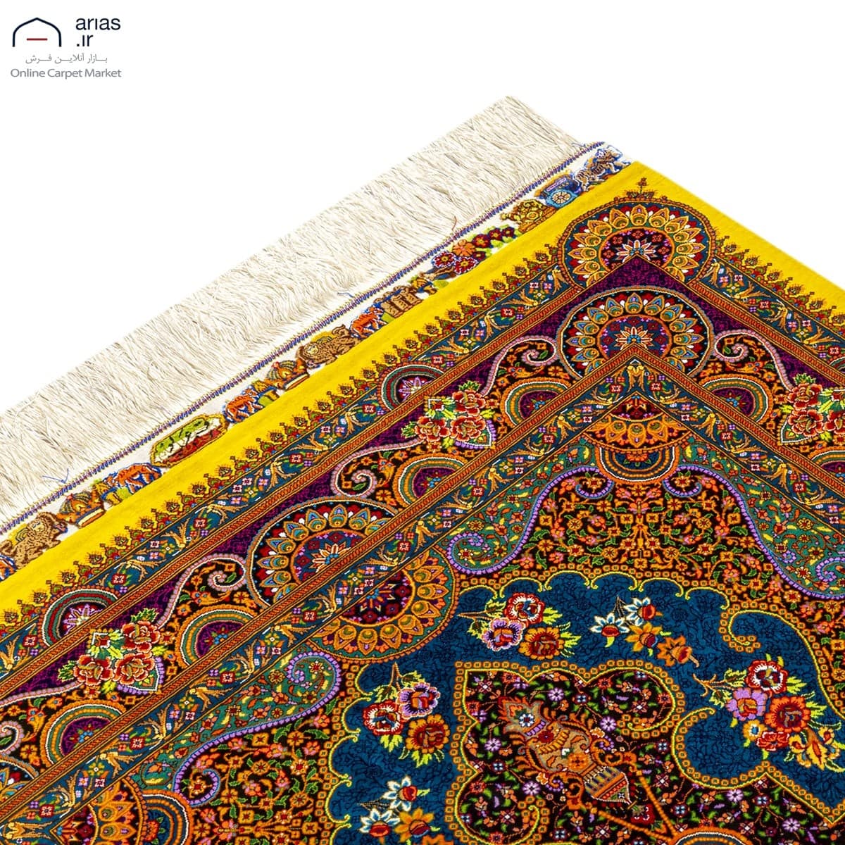 فرش دستباف ذرع و نیم تمام ابریشم لچک ترنج زمینه آبی مارک عربلو بافت قم کد D03026G — تصویر ۶