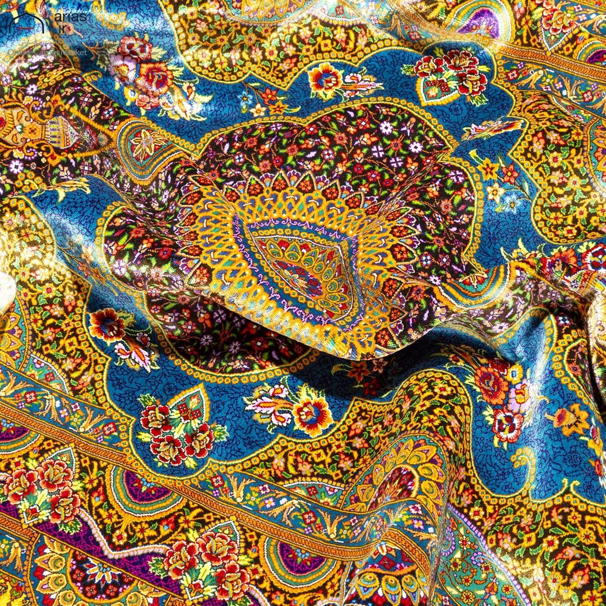 فرش دستباف ذرع و نیم تمام ابریشم لچک ترنج زمینه آبی مارک عربلو بافت قم کد D03026G — تصویر ۸
