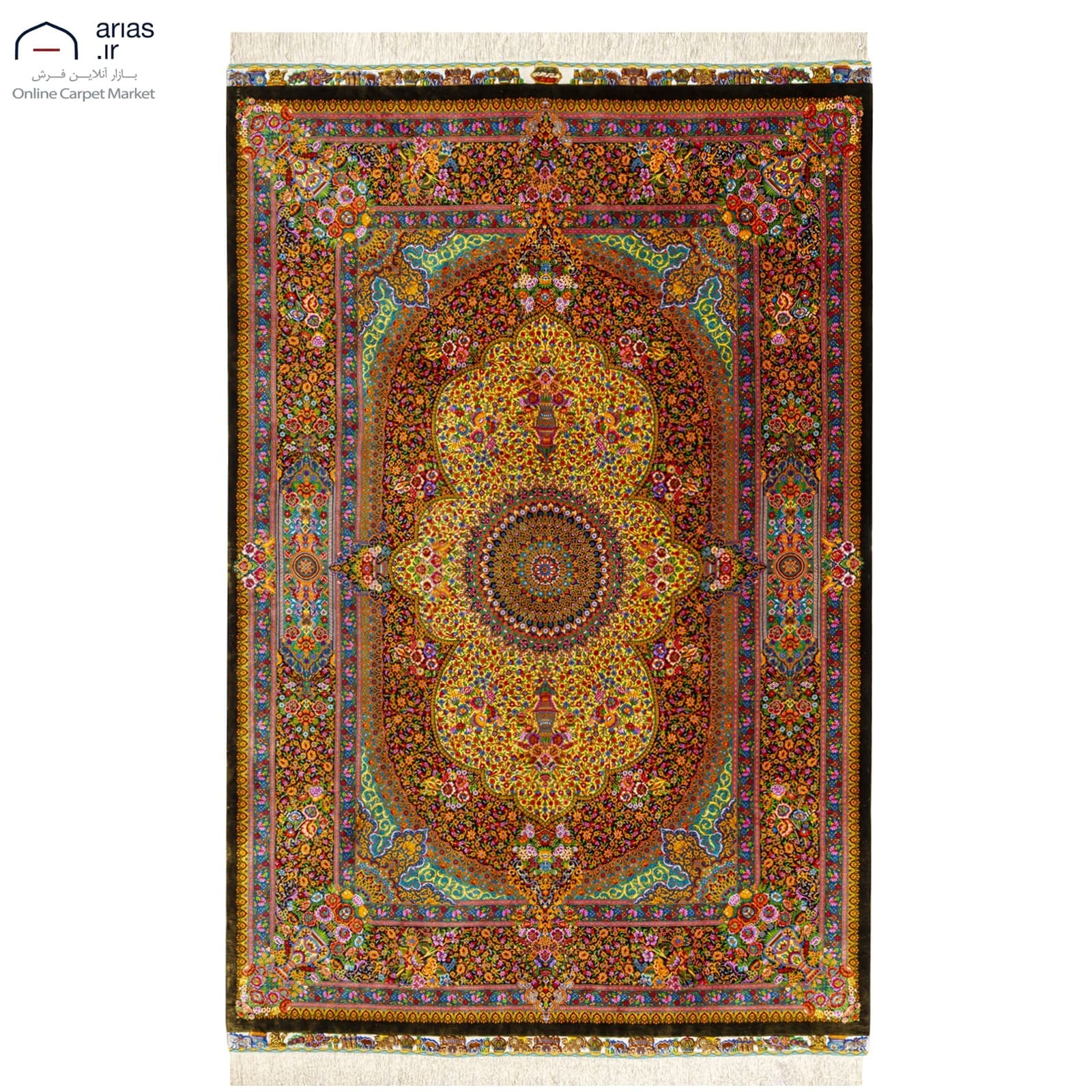 فرش دستباف سه متری تمام ابریشم لچک ترنج زمینه طلایی مارک عربلو بافت قم کد D03024G