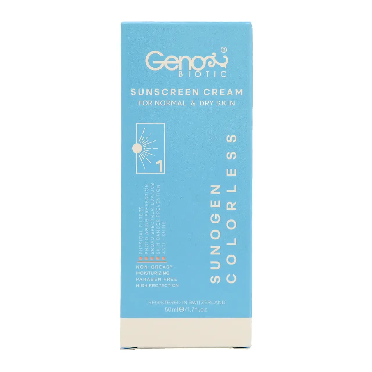 کرم ضد آفتاب بی رنگ پوست خشک ژنوبایوتیک SPF50 — تصویر ۳