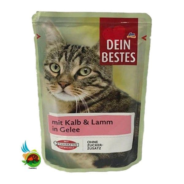پوچ گربه دین بستس با طعم گوشت گوساله و بره در ژله Dein bestes mit kalb & lamm in gelee وزن 100 گرم