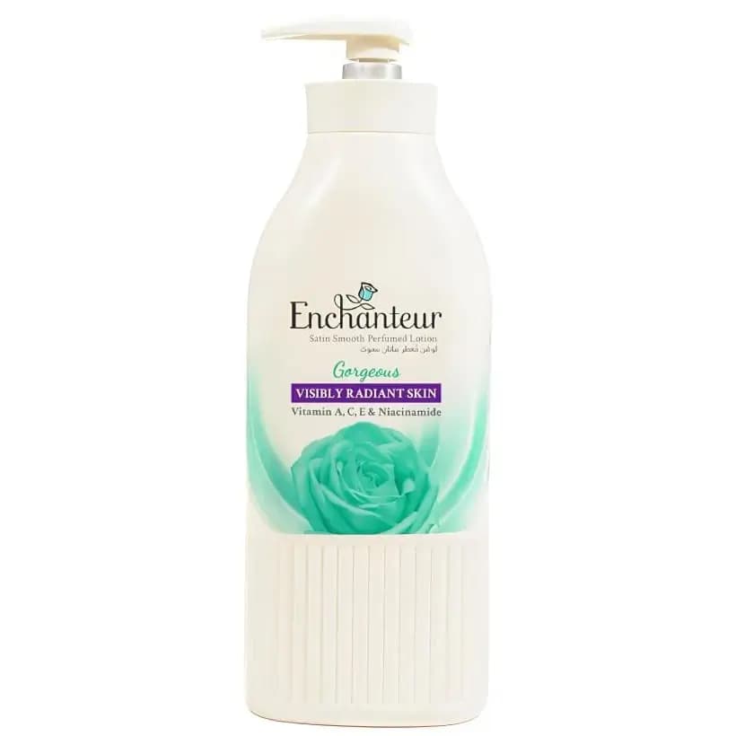 لوسیون بدن معطر انشانتر گورجس روشن کننده حاوی نیاسینامید و ویتامین سی 500 میل Enchanteur Perfumed Body Lotion Gorgeous