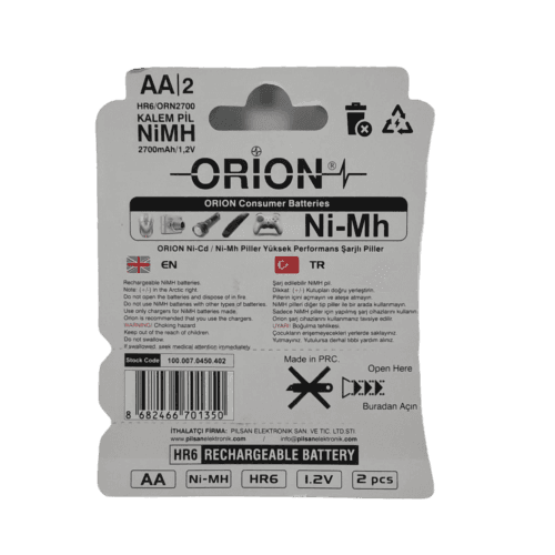 باتری قلمی شارژی 1.2V 2700mAh اوریون ORION | کارت دوتایی | AA — تصویر ۲