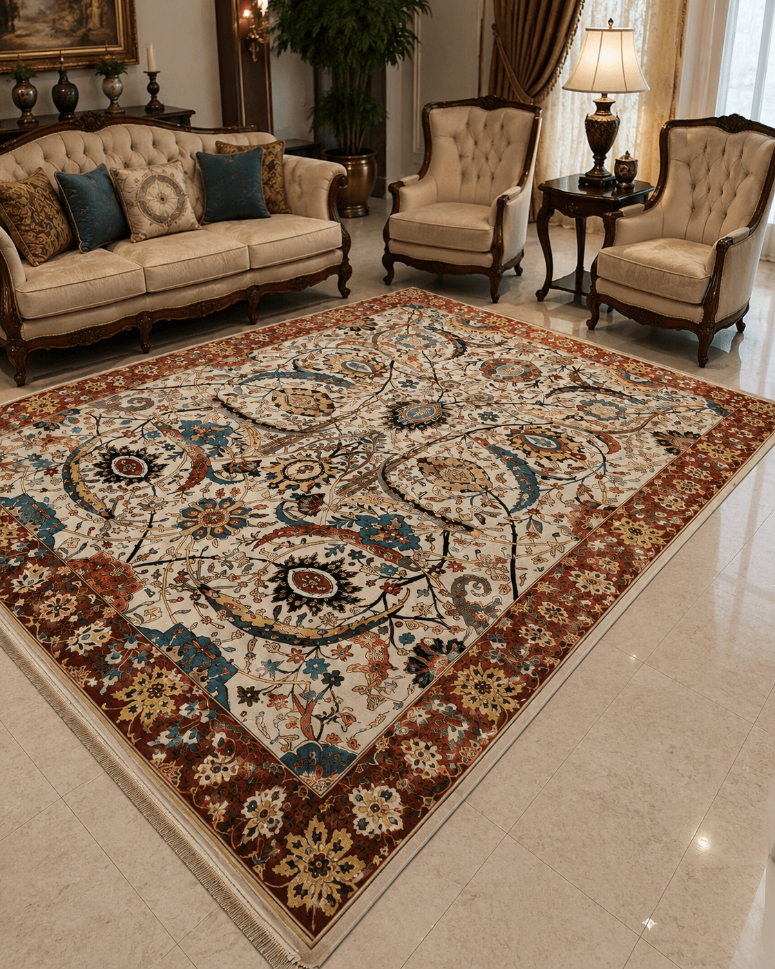 فرش ماشینی مرینوس ۱۰۰۰ شانه طرح افشان کرم با حاشیه لاکی ۹ متری – کد 75692 — تصویر ۲