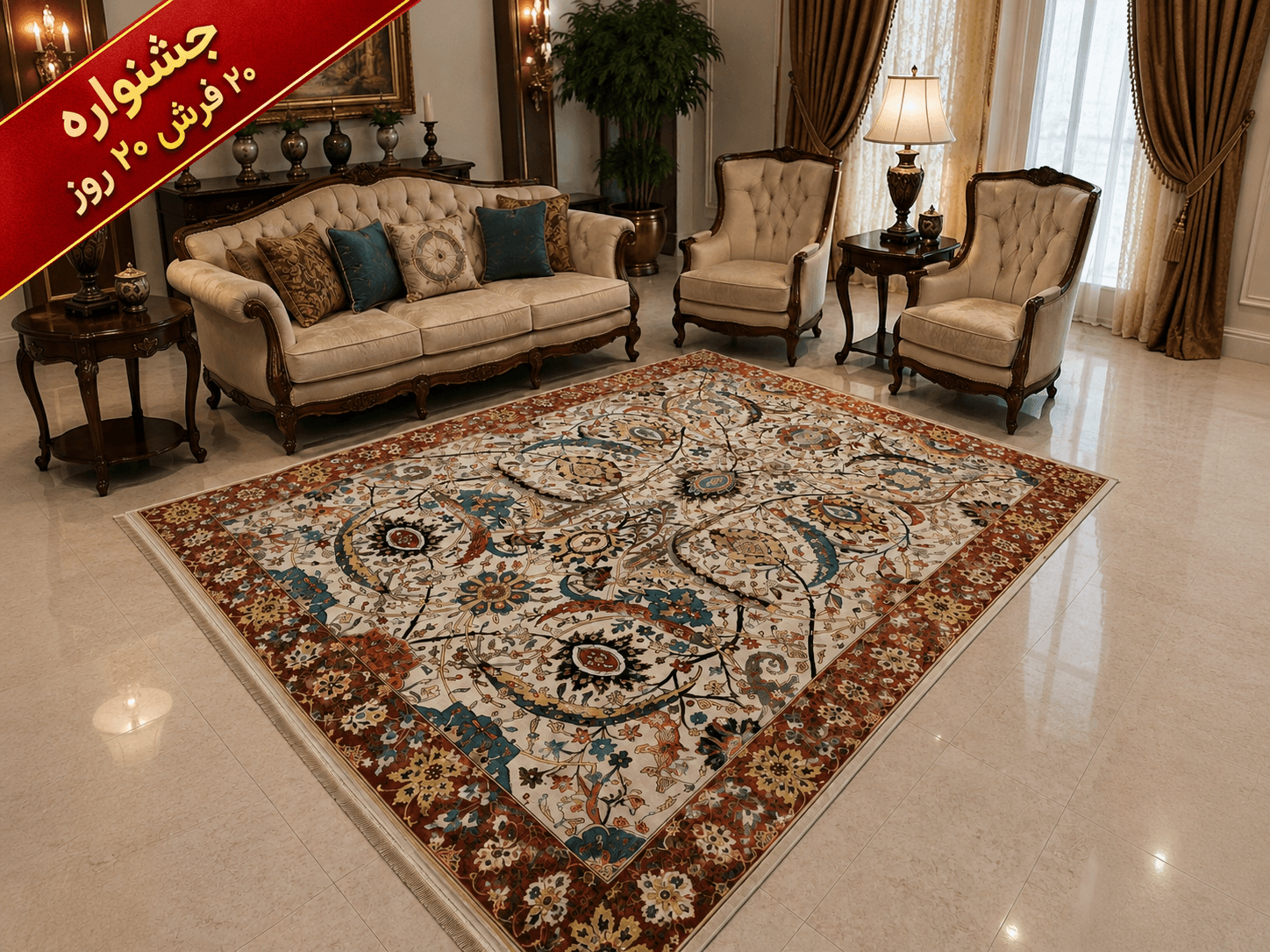 فرش ماشینی مرینوس ۱۰۰۰ شانه طرح افشان کرم با حاشیه لاکی ۹ متری – کد 75692
