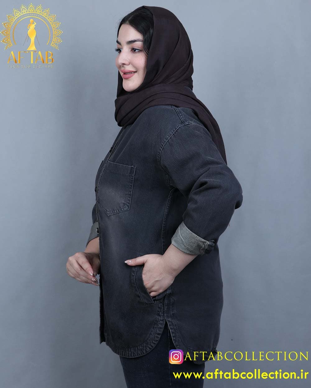 مانتو جین جیب فیلتو زغالی سایزبزرگ 6073 — تصویر ۵