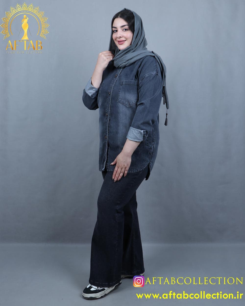مانتو جین جیب فیلتو زغالی سایزبزرگ 6073 — تصویر ۲