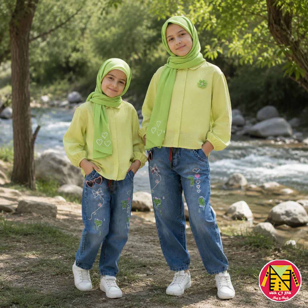 شلوار لی مام گلدوزی طرح قلب و پروانه سایز بزرگ دخترانه