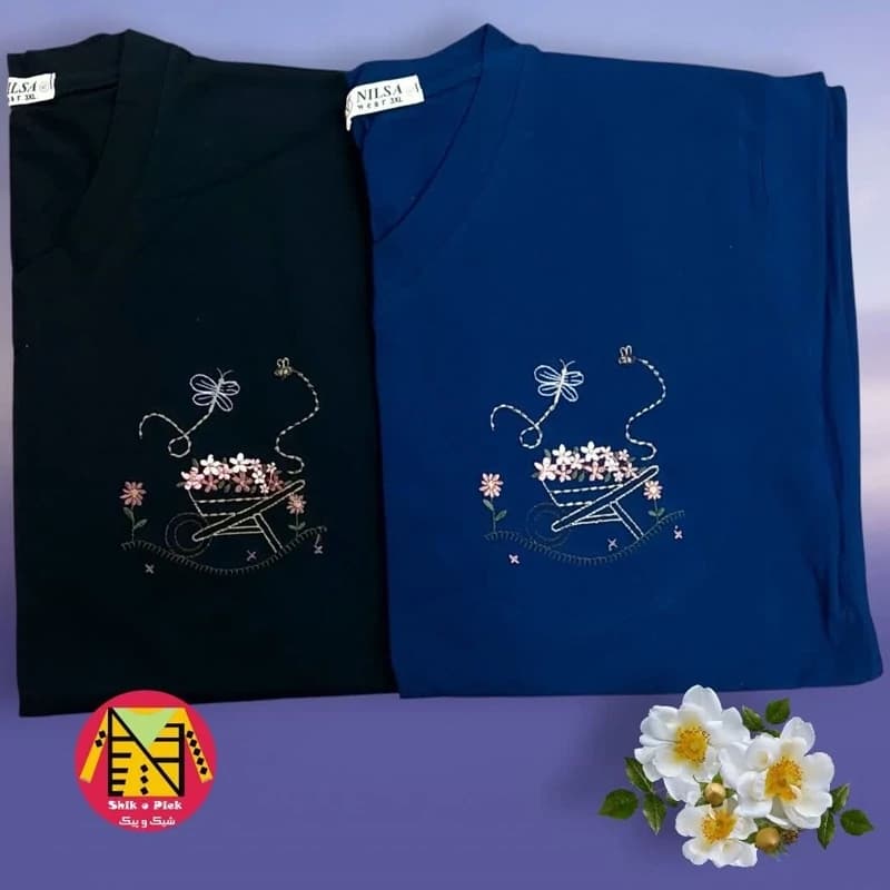 تیشرت نخ پنبه گلدوزی دار یقه هفت طرح کالسکه گل سایز 3XL زنانه (سایز 40 تا 46) — تصویر ۵