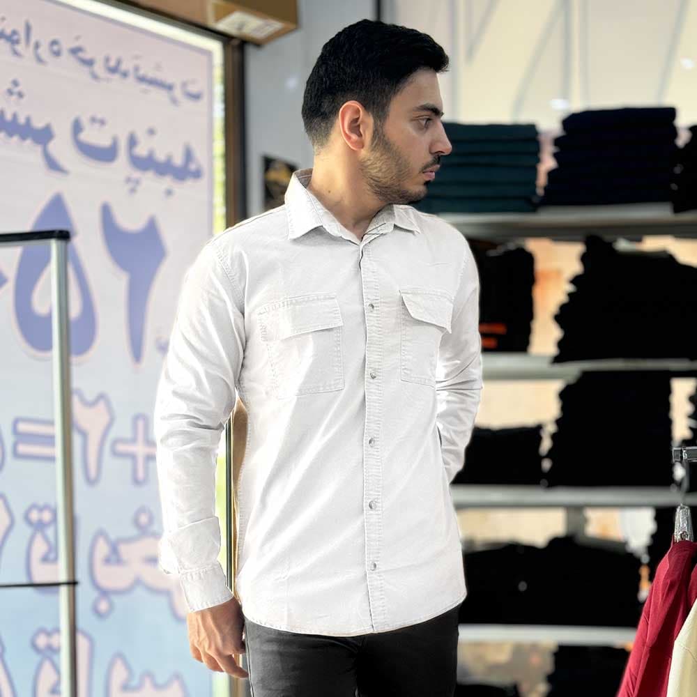 پیراهن کتان دو جیب آستین بلند رنگ سفید 1240247-7 — تصویر ۴