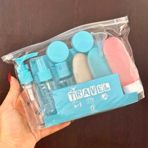 پک تراول مسافرتی 12 تکه ظرف مسافرتی قابل شستشو دارای کیف تلقی جمع و جور کاربردی جای کرم و شامپو شوینده و روغن — تصویر ۴