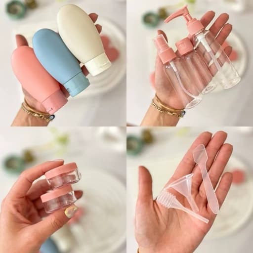پک تراول مسافرتی 12 تکه ظرف مسافرتی قابل شستشو دارای کیف تلقی جمع و جور کاربردی جای کرم و شامپو شوینده و روغن — تصویر ۲