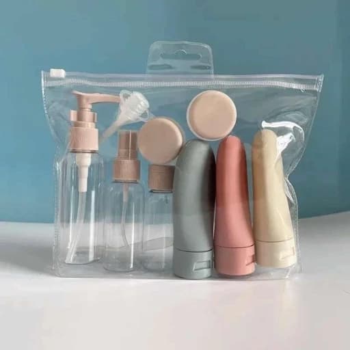 پک تراول مسافرتی 12 تکه ظرف مسافرتی قابل شستشو دارای کیف تلقی جمع و جور کاربردی جای کرم و شامپو شوینده و روغن — تصویر ۵