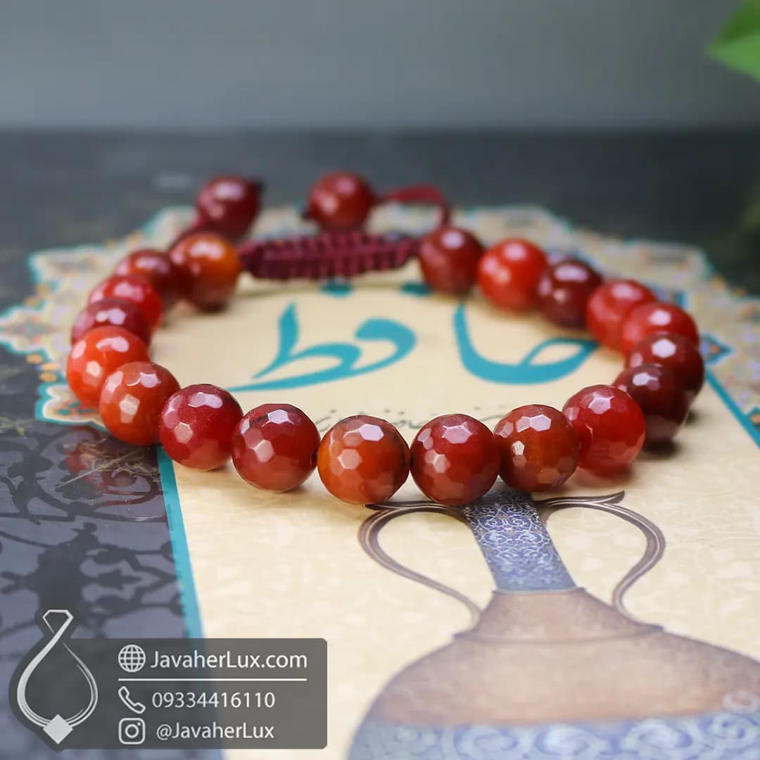 دستبند مهره سنگی بافت عقیق قرمز _ کد : 400715 — تصویر ۴