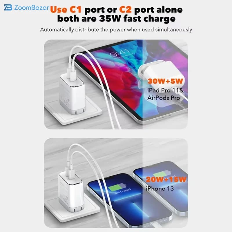 شارژر دیواری فست شارژ تایپ سی 2 پورت 35 وات الدنیو مدل A2528M — تصویر ۵