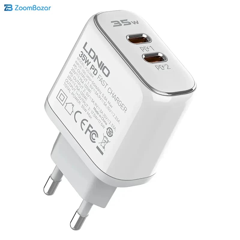 شارژر دیواری فست شارژ تایپ سی 2 پورت 35 وات الدنیو مدل A2528M — تصویر ۳
