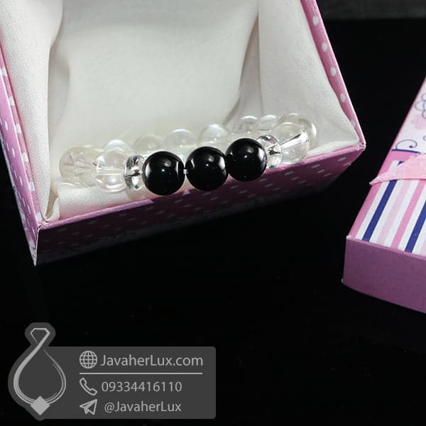 دستبند سنگ کریستال کوارتز و عقیق سیاه _ کد : 400669 — تصویر ۲
