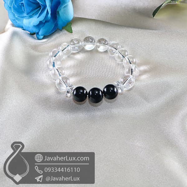 دستبند سنگ کریستال کوارتز و عقیق سیاه _ کد : 400669