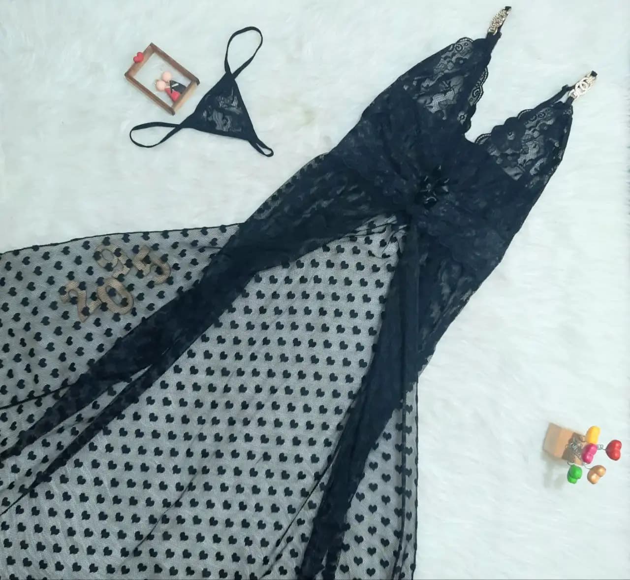 لباس خواب توری قلبی بلند Queen کد 2095 — تصویر ۷