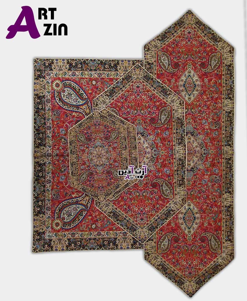 ست رومیزی ترمه ابریشم ۵ رنگ یزد 5 تکه طرح سالار قرمز کد: ۱۶۰۳ — تصویر ۲