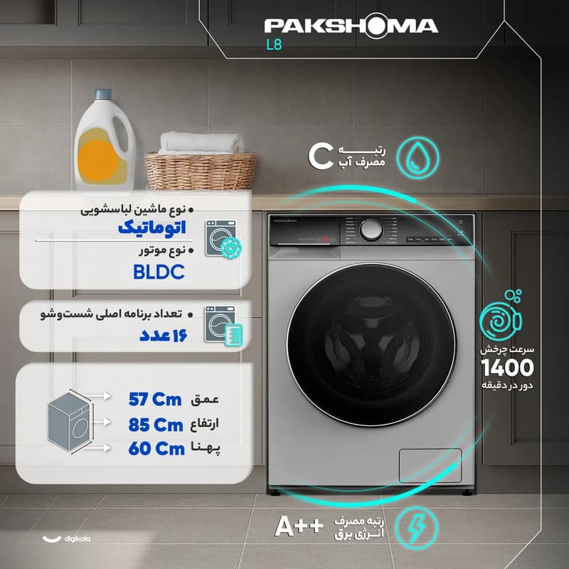 ماشین لباسشویی 9 کیلوگرم اتوماتیک پاکشوما مدل L9S — تصویر ۲