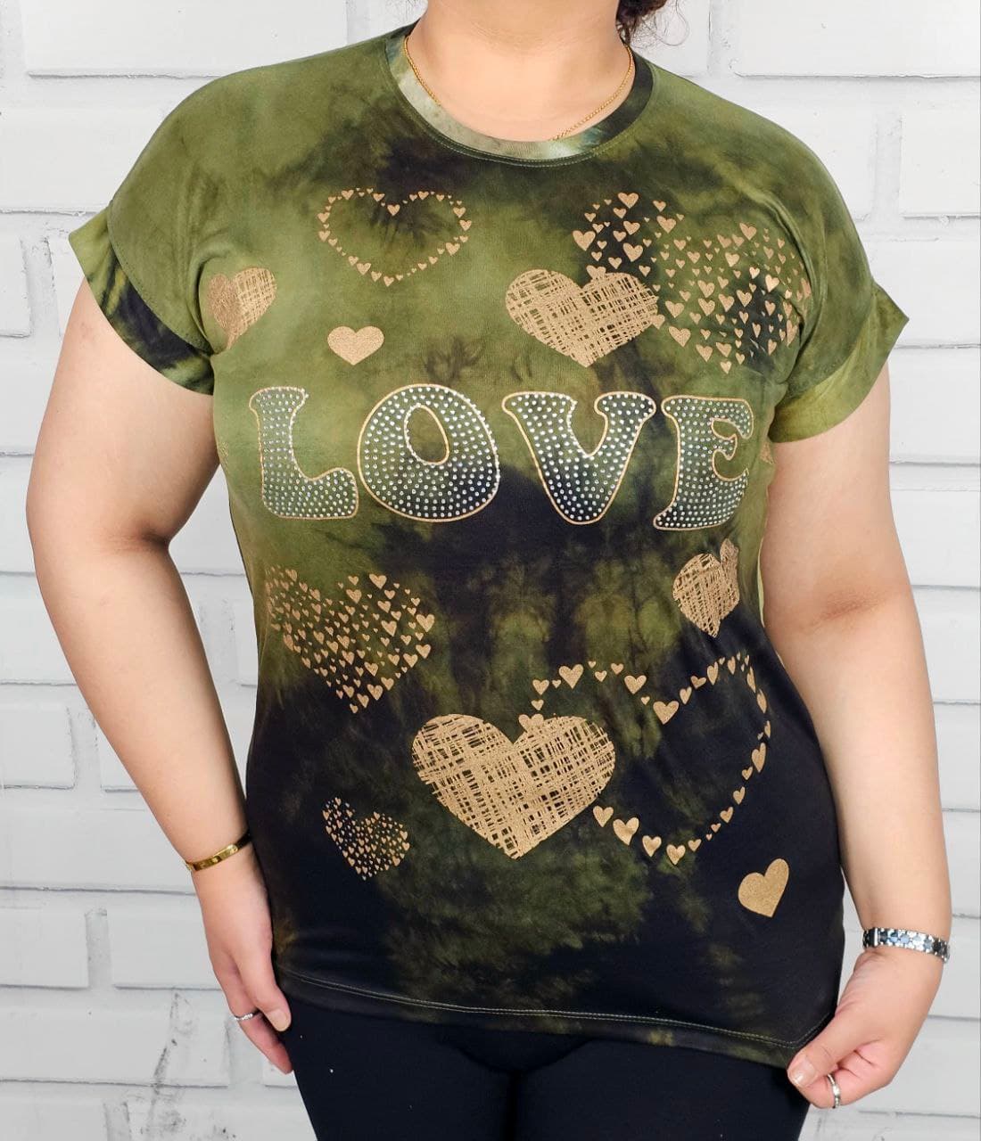 تیشرت زنانه آبرنگی چاپ طلایی lOVE — تصویر ۶