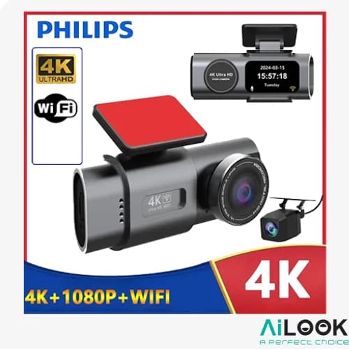 دوربین ثبت وقایع خودرو PHILIPS وای‌فای‌دار دو لنز 4K مدل J10