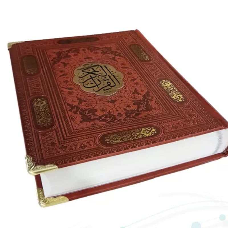 قرآن وزیری تحریر4رنگ چرم گوشه فلزی با پلاک وسط بدون قاب — تصویر ۳