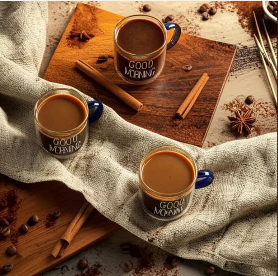 فنجان مدل شات قهوه پیرکس دسته رنگی طرح GOOD MORNING