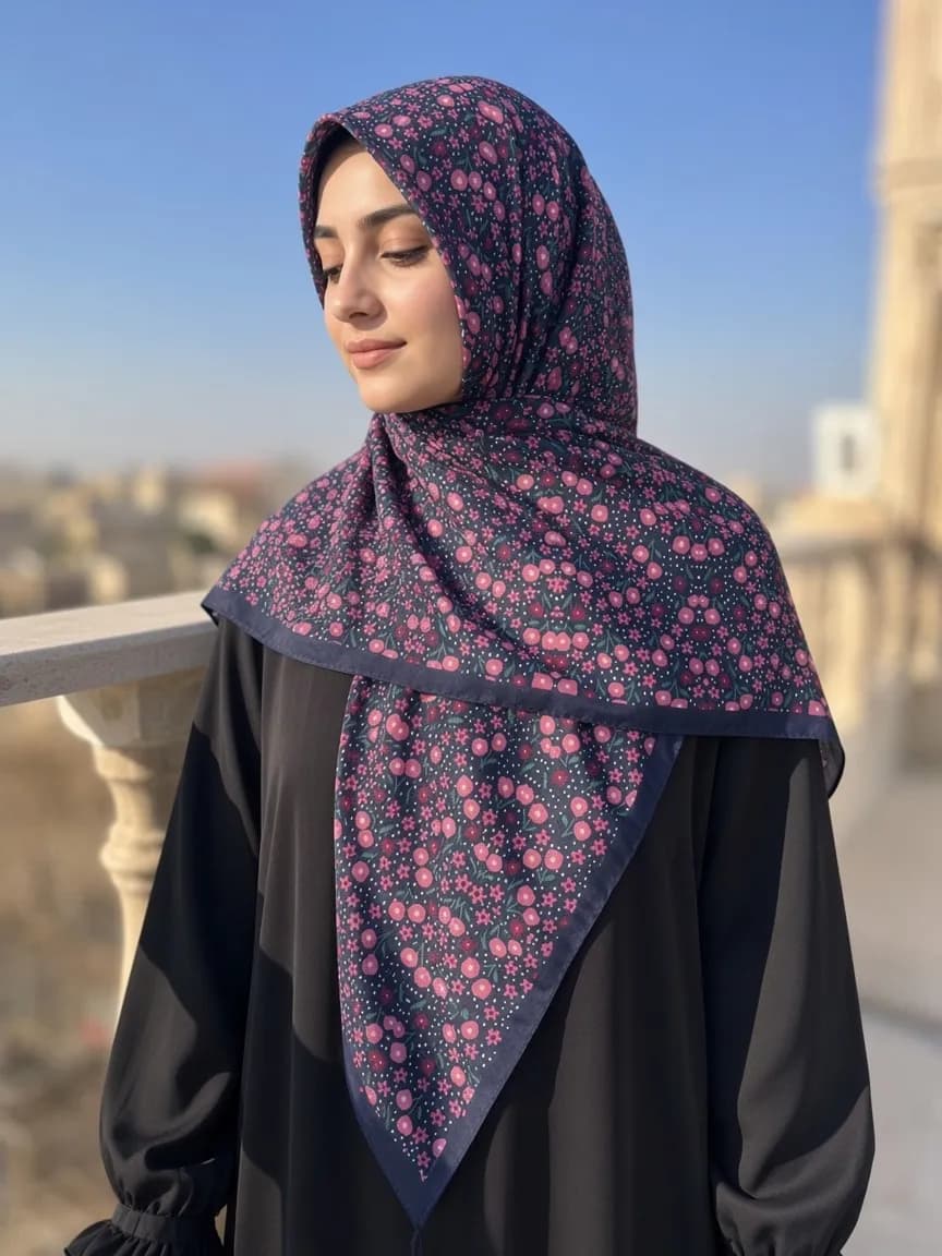 روسری نخی زنانه طرح گل صورتی بنفش