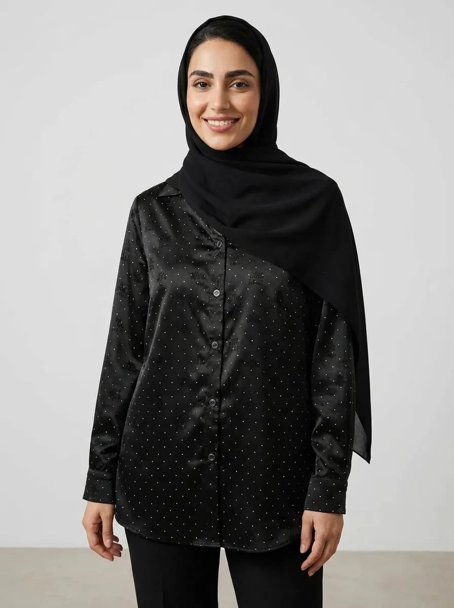 شومیز مجلسی زنانه نگین پارچه ساتن براق miu miu مشکی دوخت اختصاصی