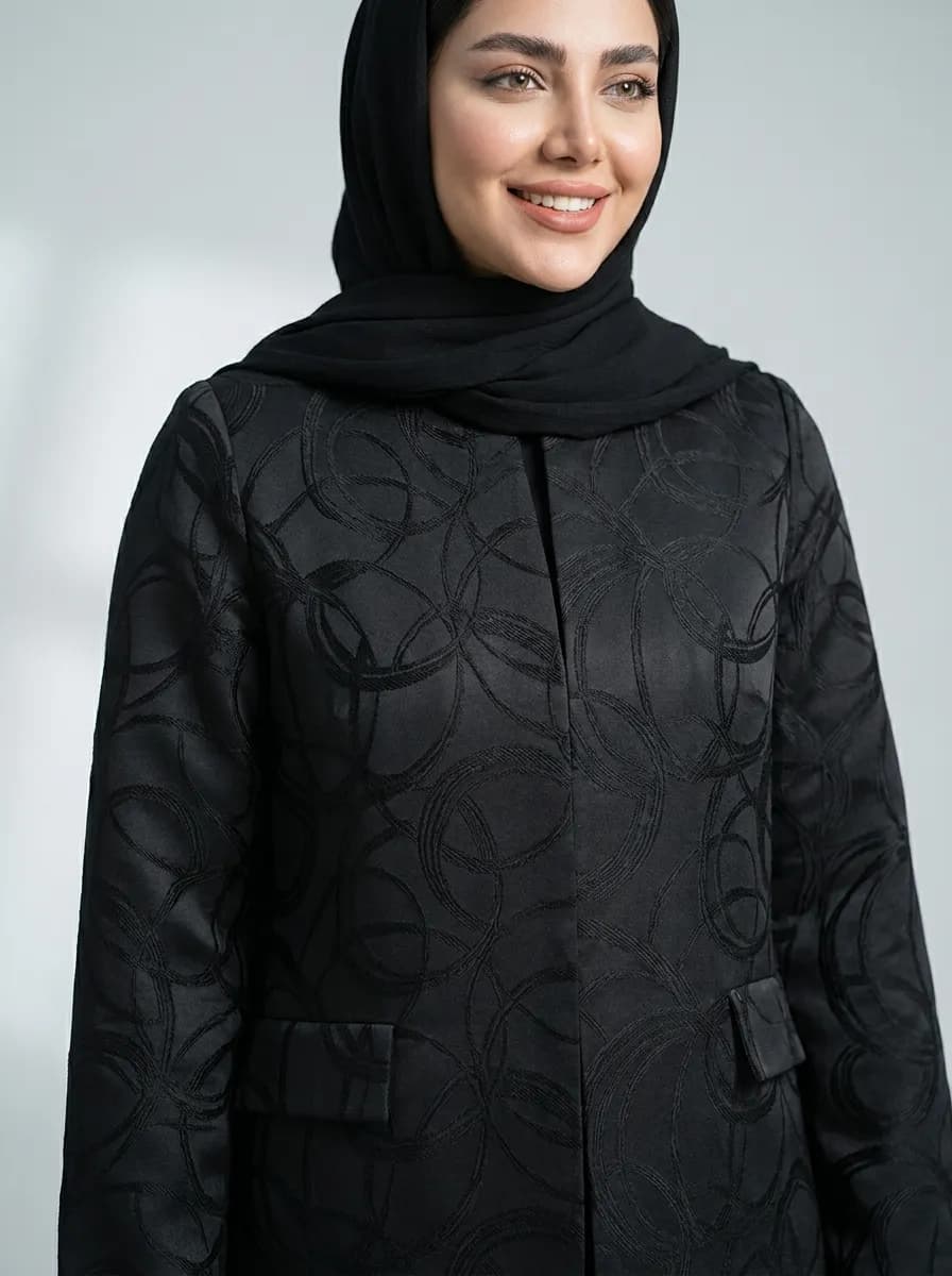 مانتو مجلسی پرنیا پارچه ژاکارد ابریشمی دوخت اختصاصی — تصویر ۴