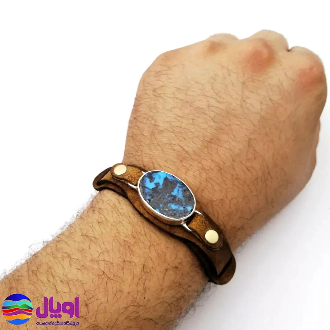 دستبند چرم شتری با نگین فیروزه بیضی 4.37 گرم — تصویر ۷