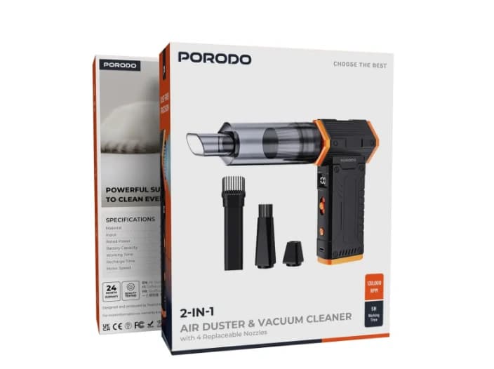 دمنده و جارو شارژی 2 در 1 مدل PDVC50BK با 4 سری پرودو | Porodo 2-in-1 Air Duster & Vacuum Cleaner with 4 Replaceable Nozzles — تصویر ۲
