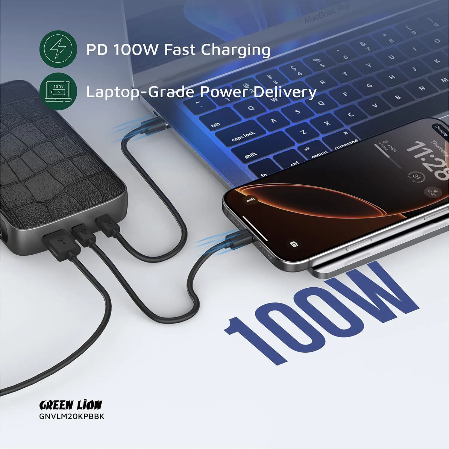 پاوربانک گرین لاین Valmont 20000mAh مدل GNVLM20KPBBK | شارژ سریع PD 100W — تصویر ۳