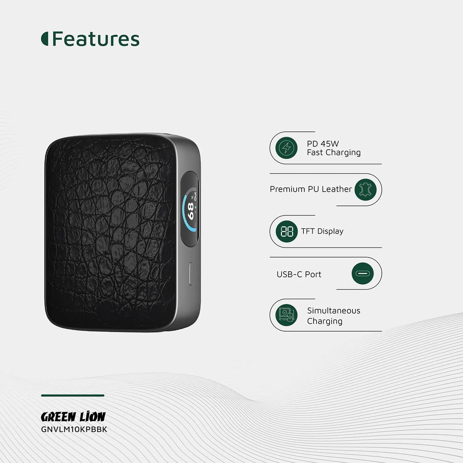 پاوربانک Green Lion Valmont 10000mAh | شارژ سریع PD 45W + نمایشگر TFT — تصویر ۳