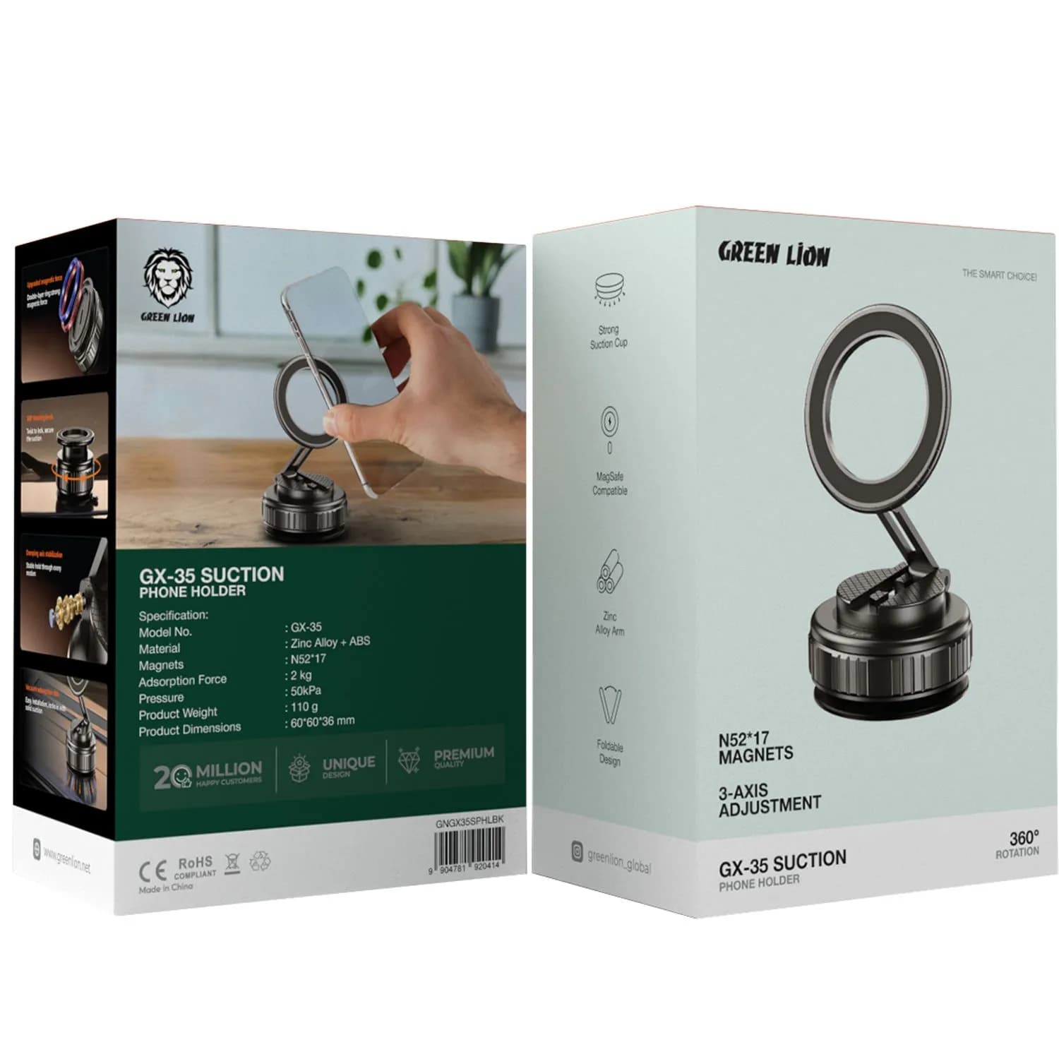 هولدر گوشی مکشی گرین Green Lion GX-35 Suction Holder | مگ‌سیف (MagSafe) | مگنت N52×17 | چرخش 360 درجه | مکش 50kPa